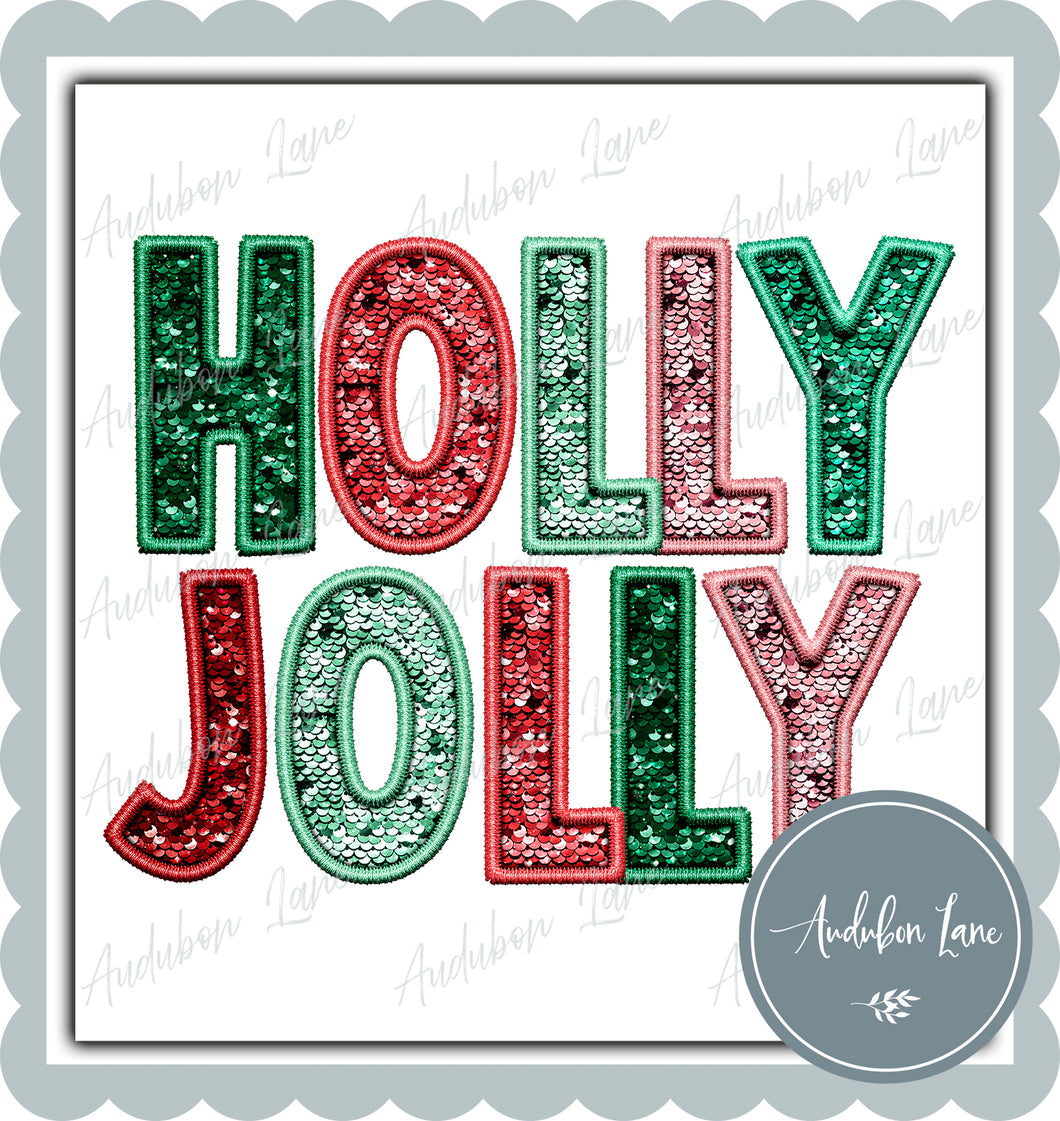 Holly Jolly Christmas Faux Embroidery and Sequins Print Ready To Press DTF Transfer