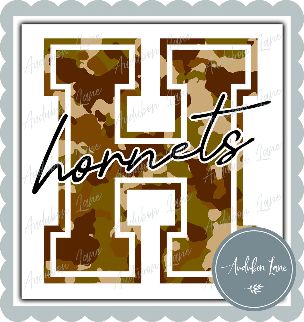 Hornets Old School Camo Mascot Letter Ready to Press DTF Transfer Customs Available On Request