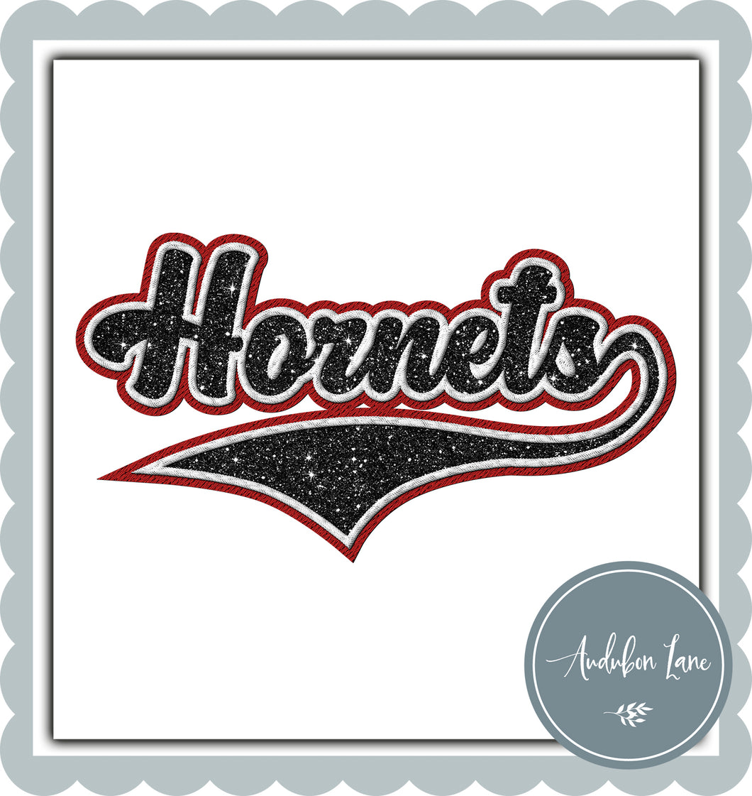 Hornets Faux Black Glitter and White and Red Embroidery