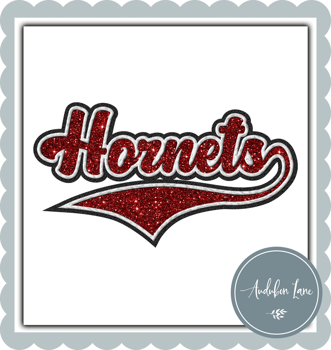 Hornets Faux Red Glitter and White and Black Embroidery