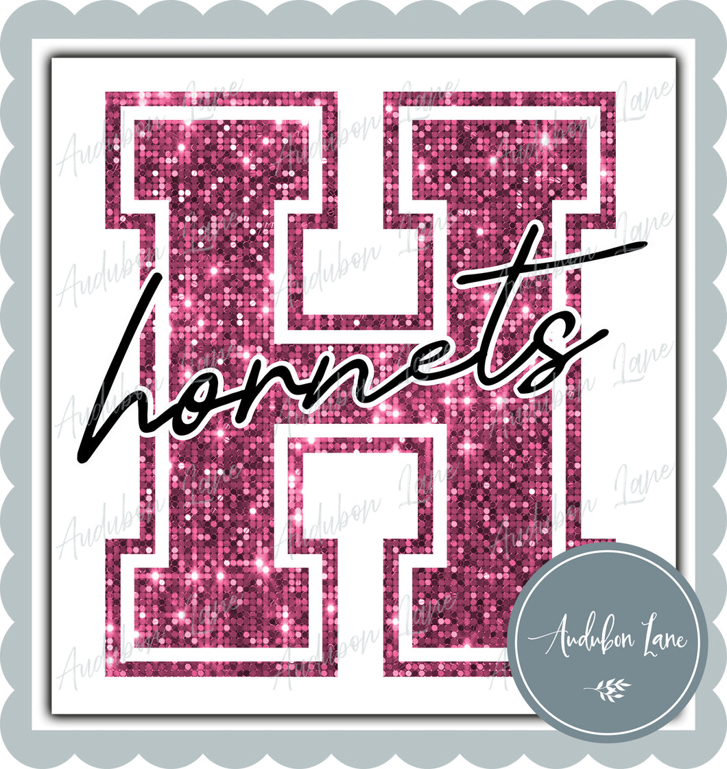 Hornets Breast Cancer Awareness Faux Pink Sequin Mascot Letter Ready to Press DTF Transfer Customs Available On Request