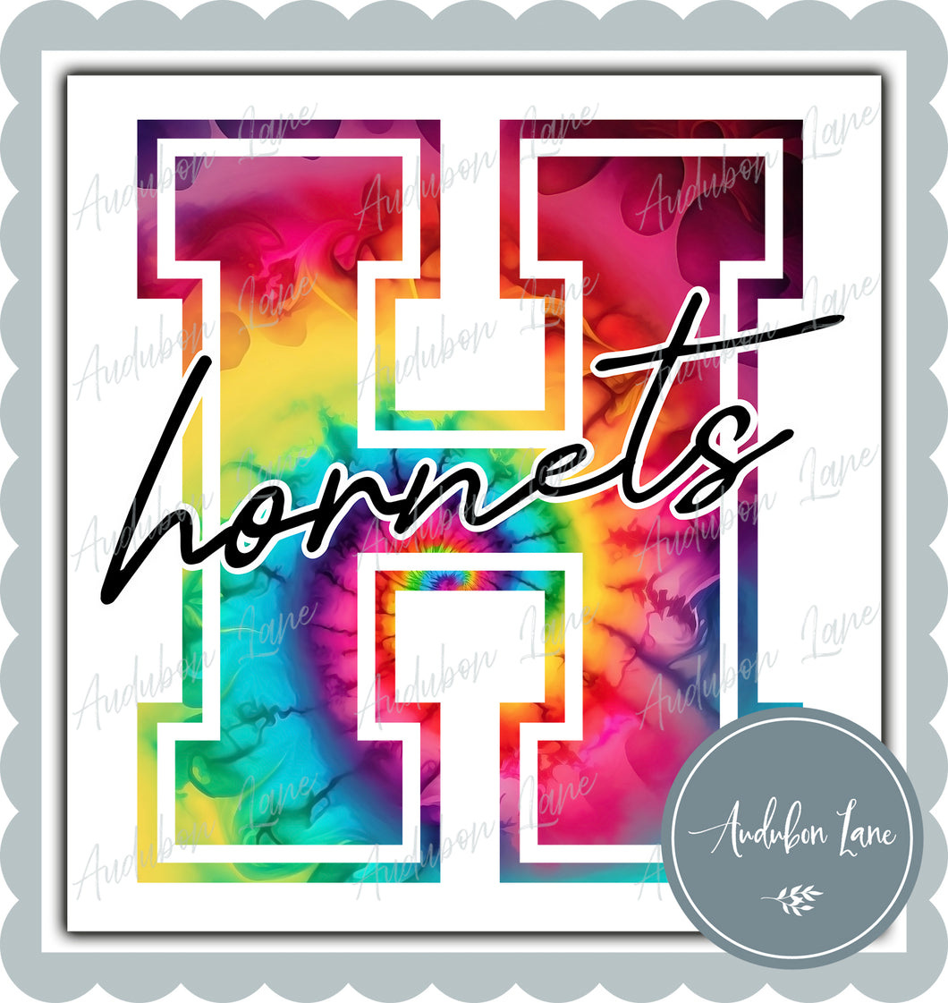 Hornets Rainbow Tie Dye Mascot Letter Ready to Press DTF Transfer Customs Available On Request
