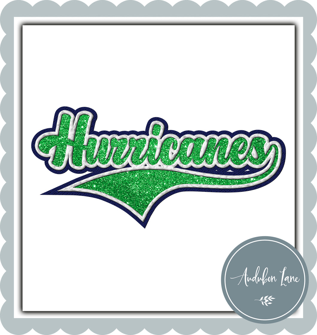 Hurricanes Faux Glitter Green and White and Navy Embroidery