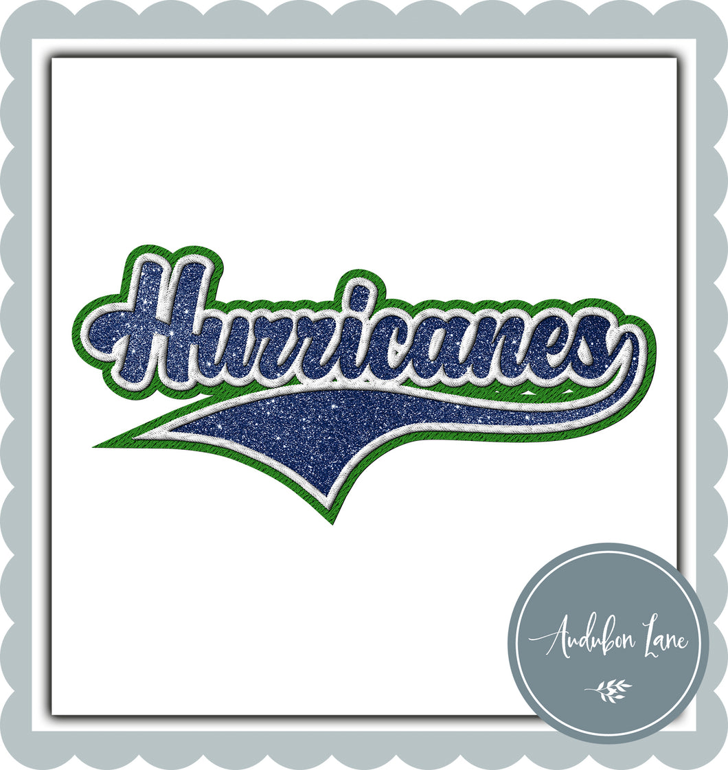 Hurricanes Faux Glitter Navy and White and Green Embroidery