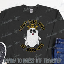 Load image into Gallery viewer, Halloween I Put The Boo In Boojie Gold Faux Glitter Ready To Press DTF Transfer

