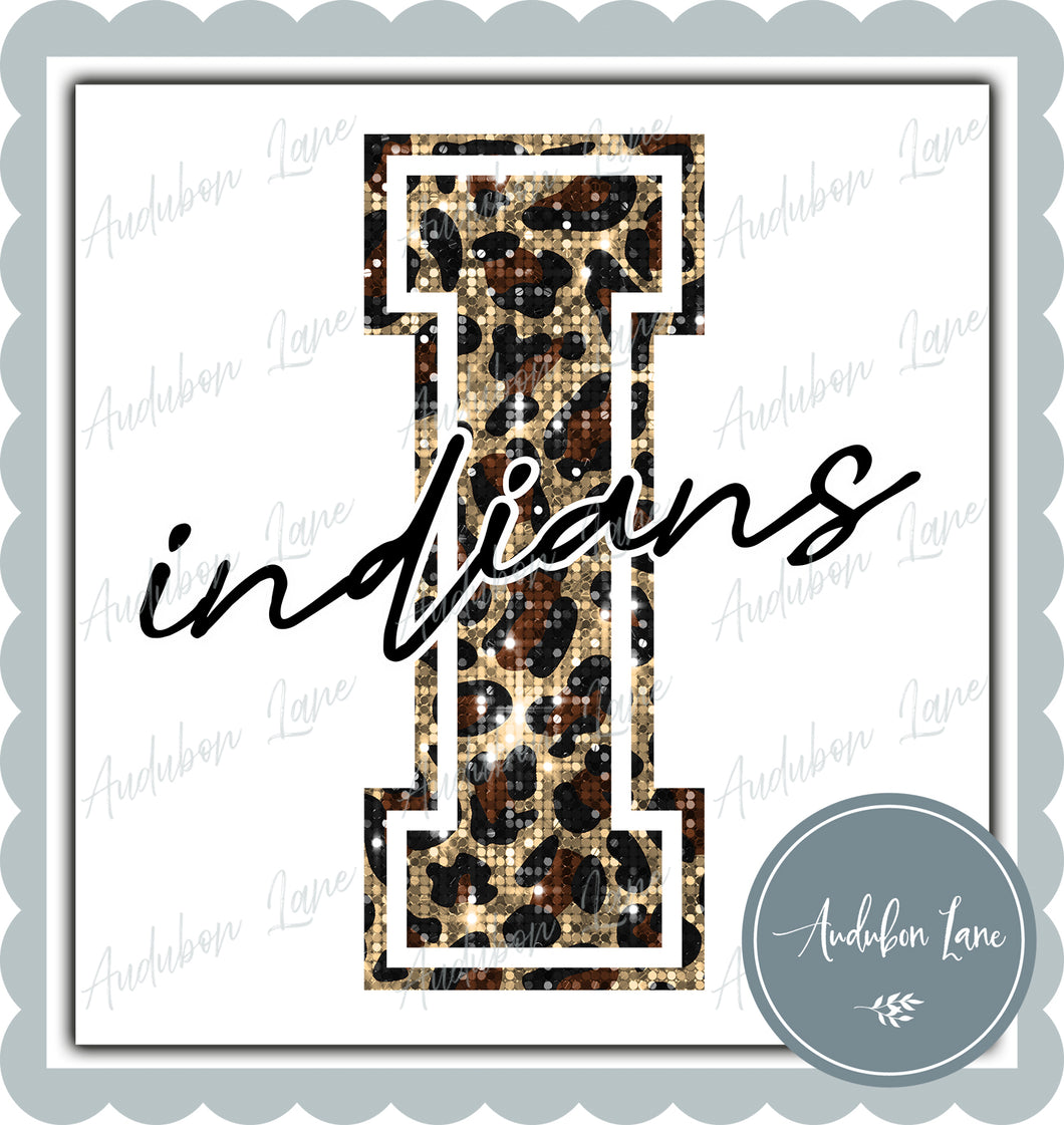 Indians Sequin Leopard Mascot Letter Ready to Press DTF Transfer Customs Available On Request