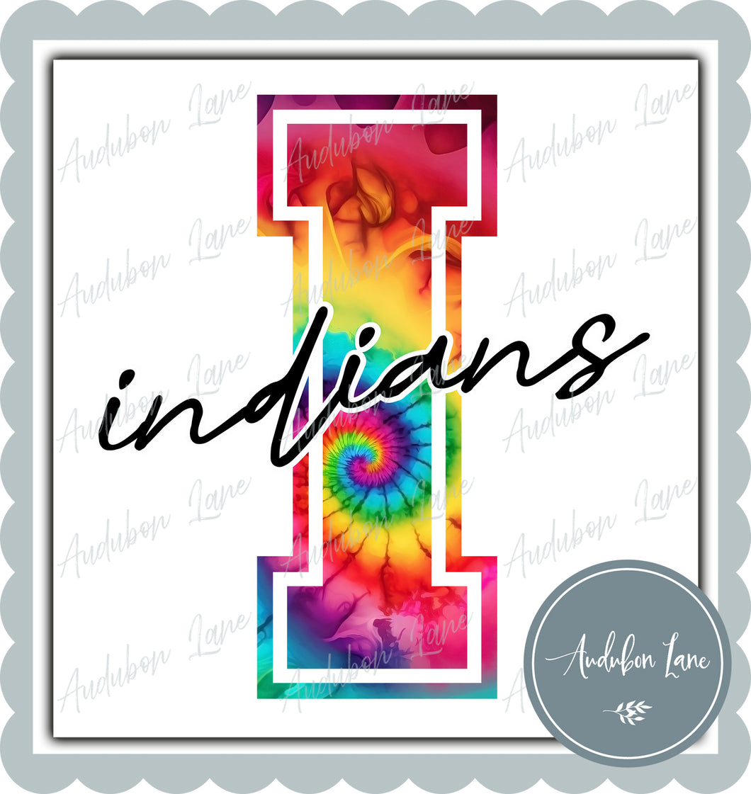 Indians Rainbow Tie Dye Mascot Letter Ready to Press DTF Transfer Customs Available On Request