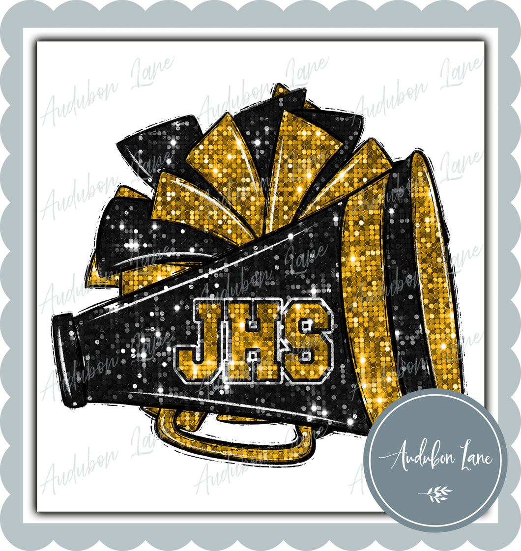 JHS Black and Gold Faux Sequin Megaphone and Pom with Mascot Print Ready To Press DTF Transfer Custom Colors Available On Request