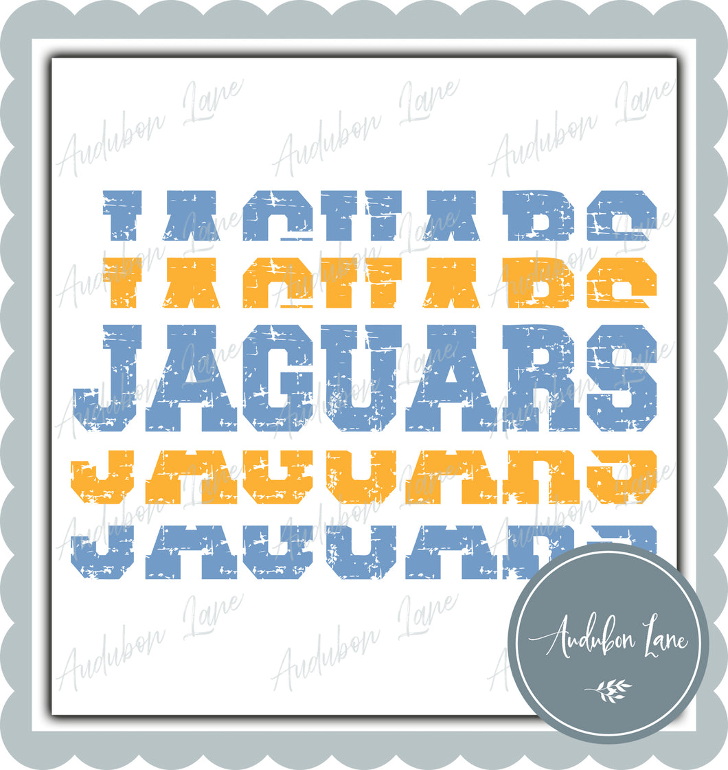 Jaguars Stacked Pro Distressed Two Color Lt Blue and Yellow Gold Ready To Press DTF Transfer Custom Colors Available On Request