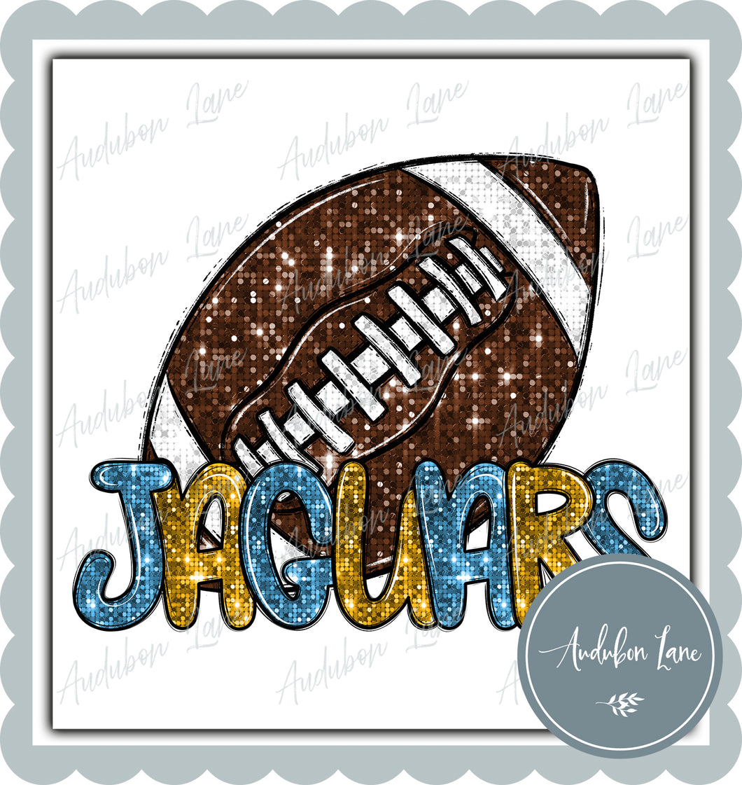 Jaguars Columbia Blue and Gold Faux Sequin Football with Mascot Print Ready To Press DTF Transfer Custom Colors Available On Request
