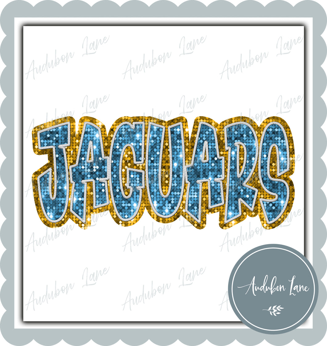 Jaguars Graffiti Style Sequin Lt Blue and Yellow Gold Mascot Ready to Press DTF Transfer Customs Available On Request