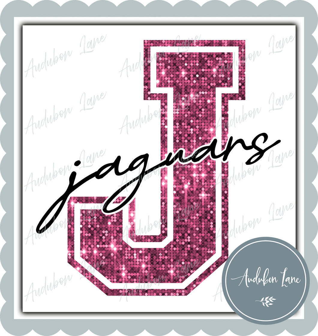 Jaguars Breast Cancer Awareness Faux Pink Sequin Mascot Letter Ready to Press DTF Transfer Customs Available On Request