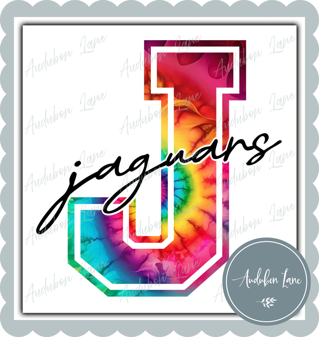 Jaguars Rainbow Tie Dye Mascot Letter Ready to Press DTF Transfer Customs Available On Request