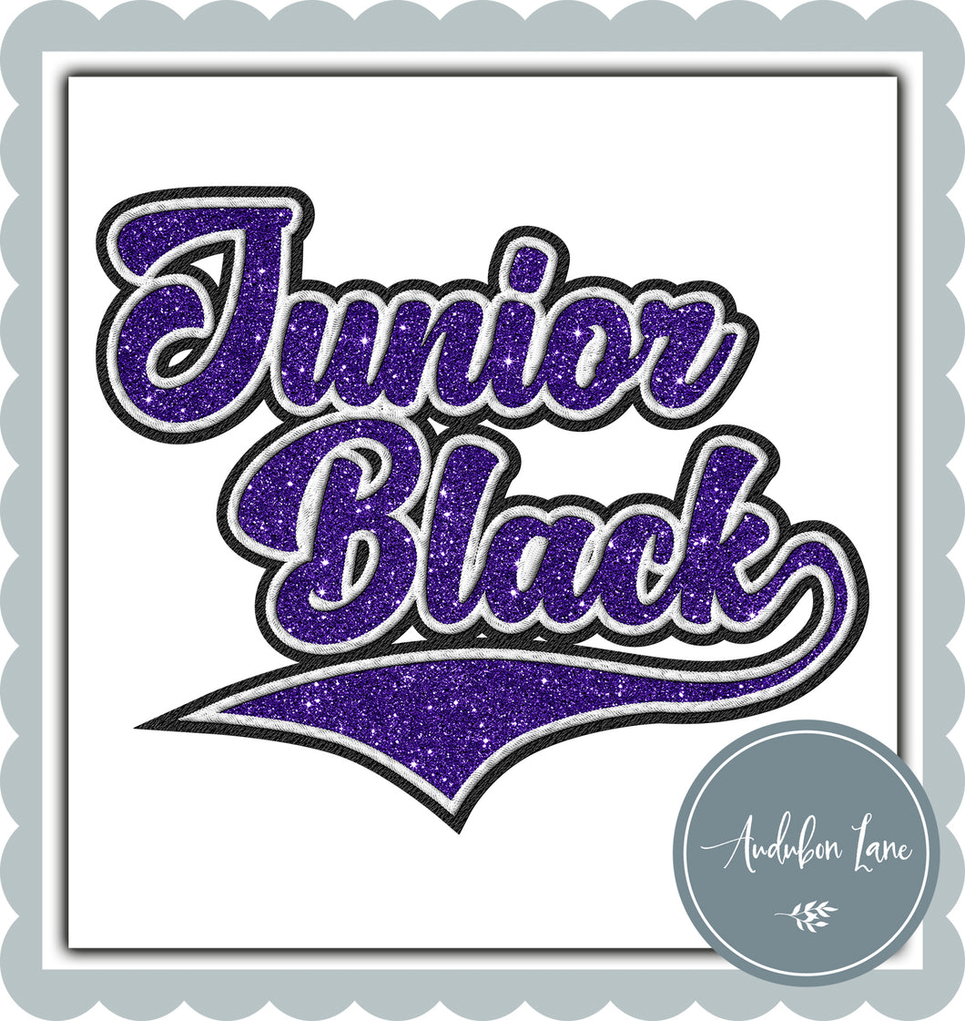 Junior Black Faux Purple Glitter and White and Black Embroidery