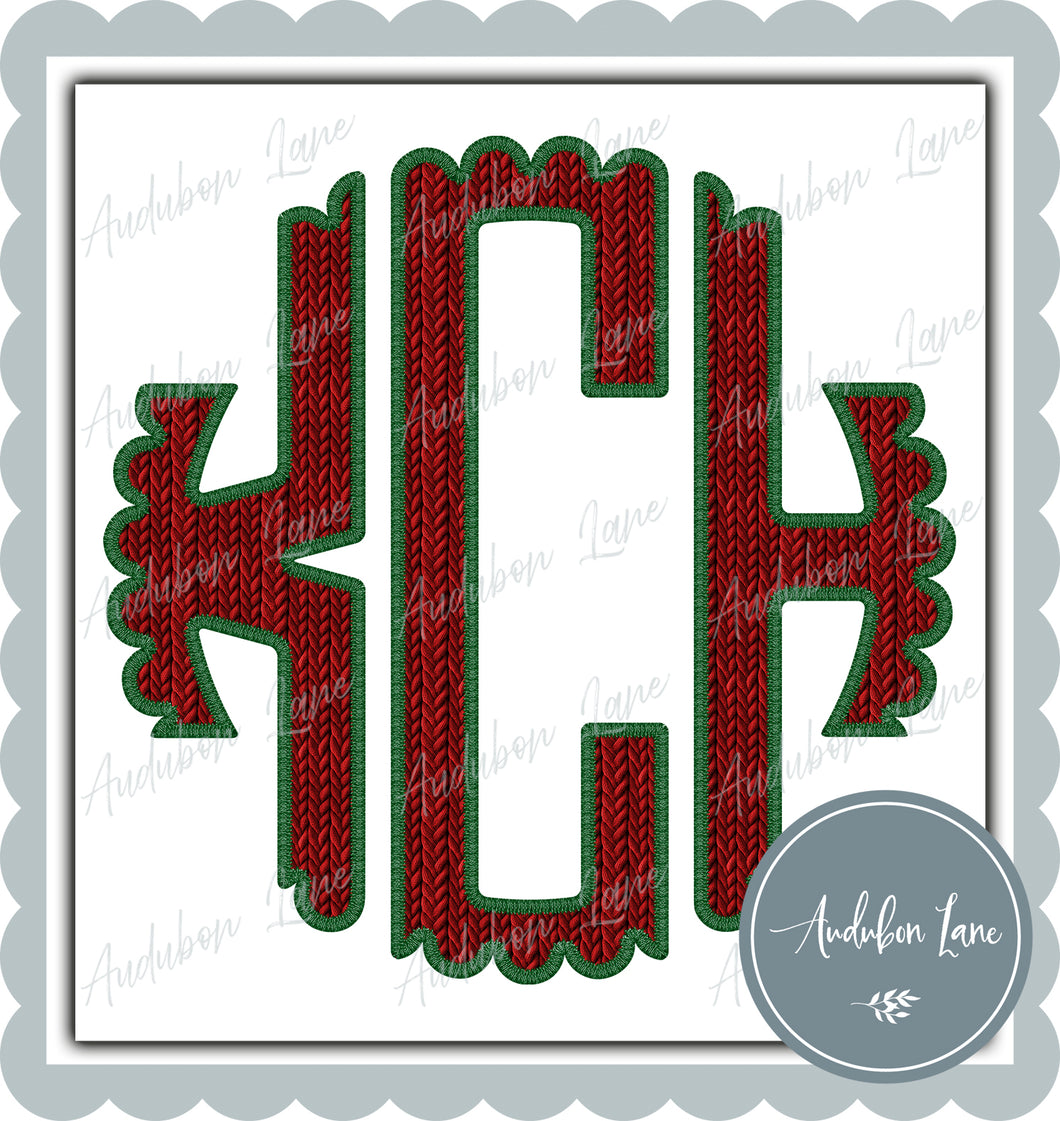 KCH Red Faux Knit And Green Embroidery Scalloped Initials Print Ready To Press DTF Transfer Customs Available