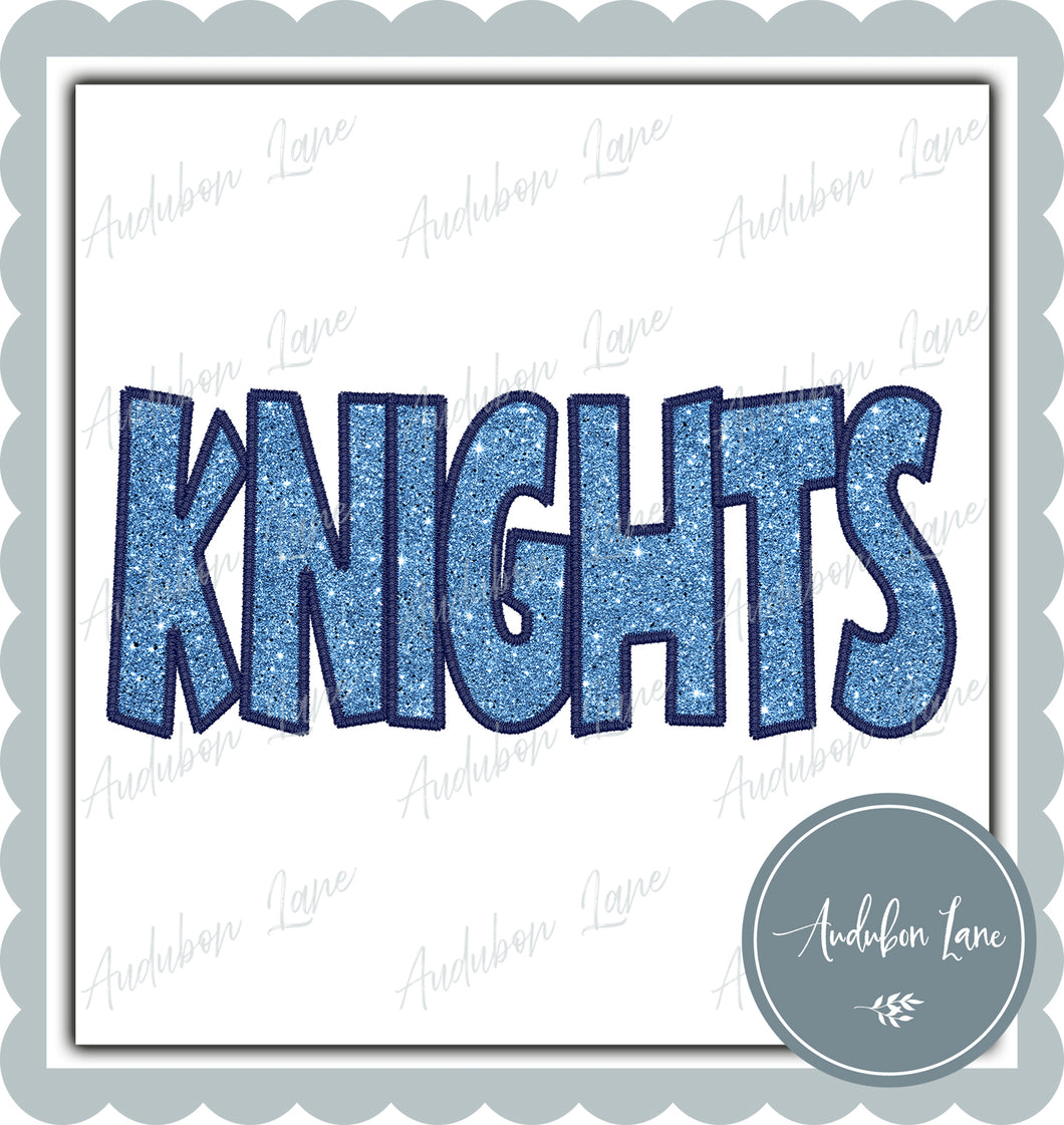 Knights Straight Across Faux Lt Blue Glitter and Navy Embroidery Ready To Press DTF Transfer Custom Colors Available On Request