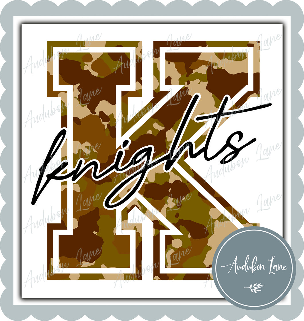 Knights Old School Camo Mascot Letter Ready to Press DTF Transfer Customs Available On Request