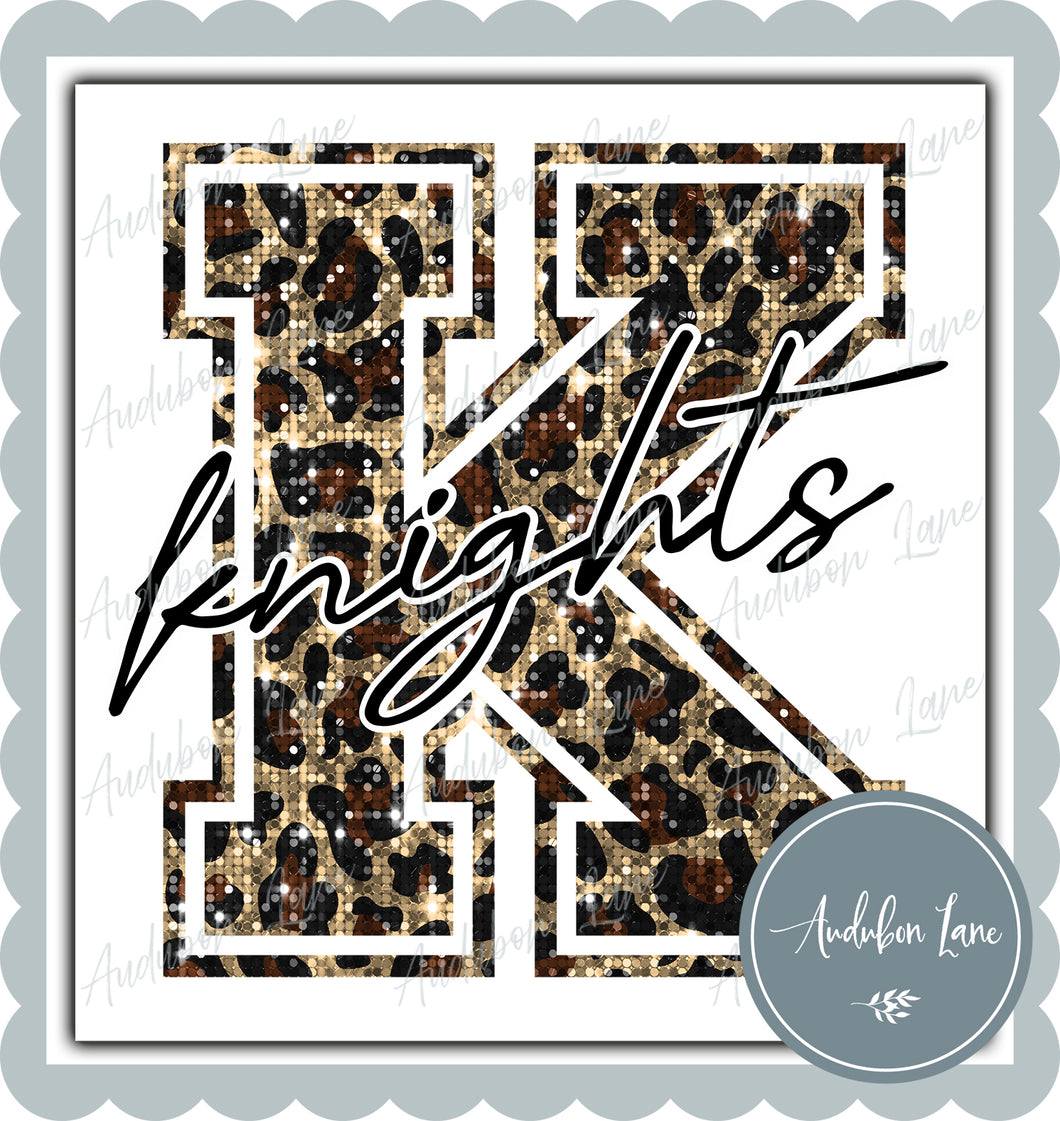 Knights Sequin Leopard Mascot Letter Ready to Press DTF Transfer Customs Available On Request