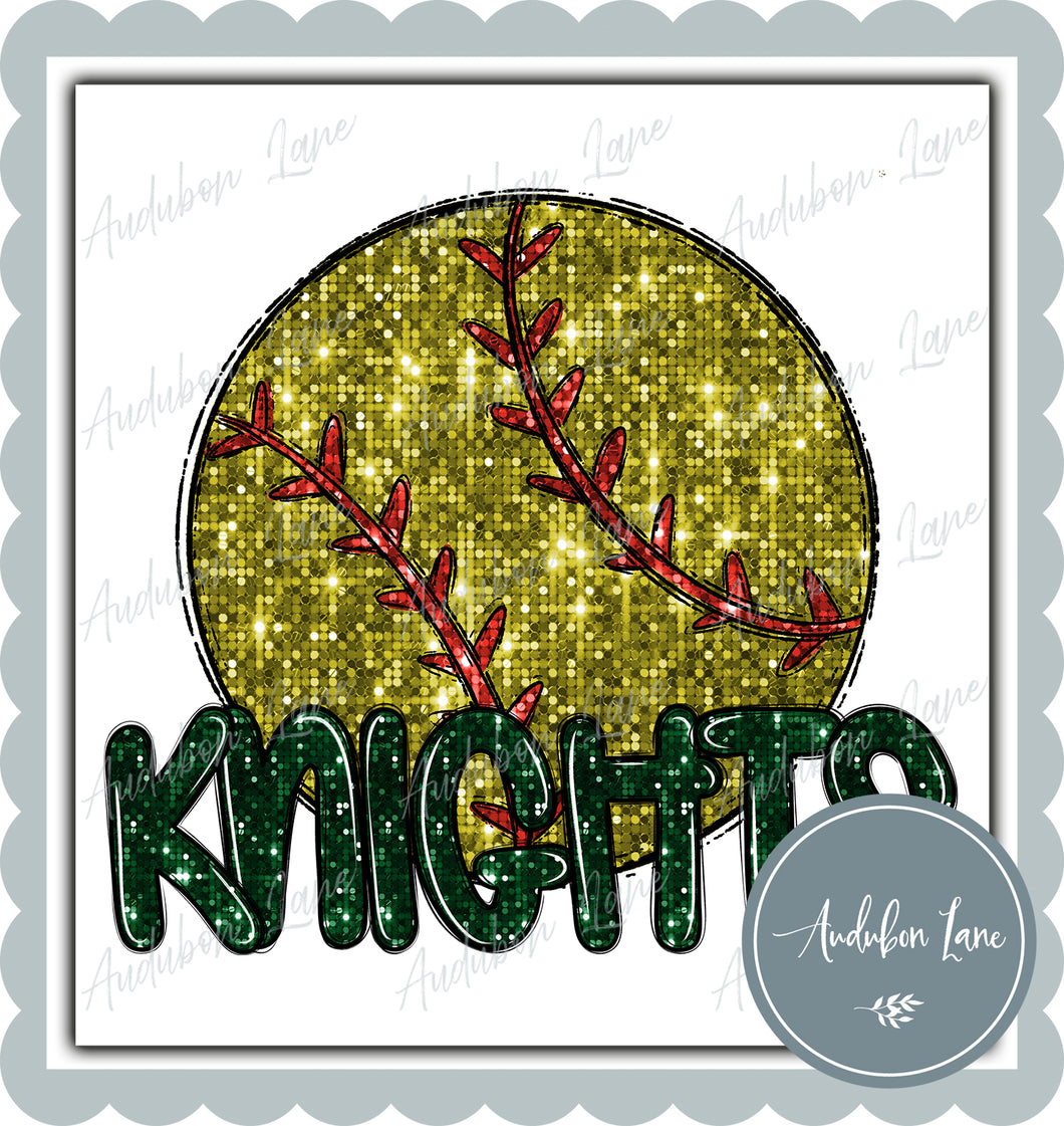 Knights Dk Green Faux Sequin Softball with Mascot Print Ready To Press DTF Transfer Custom Colors Available On Request