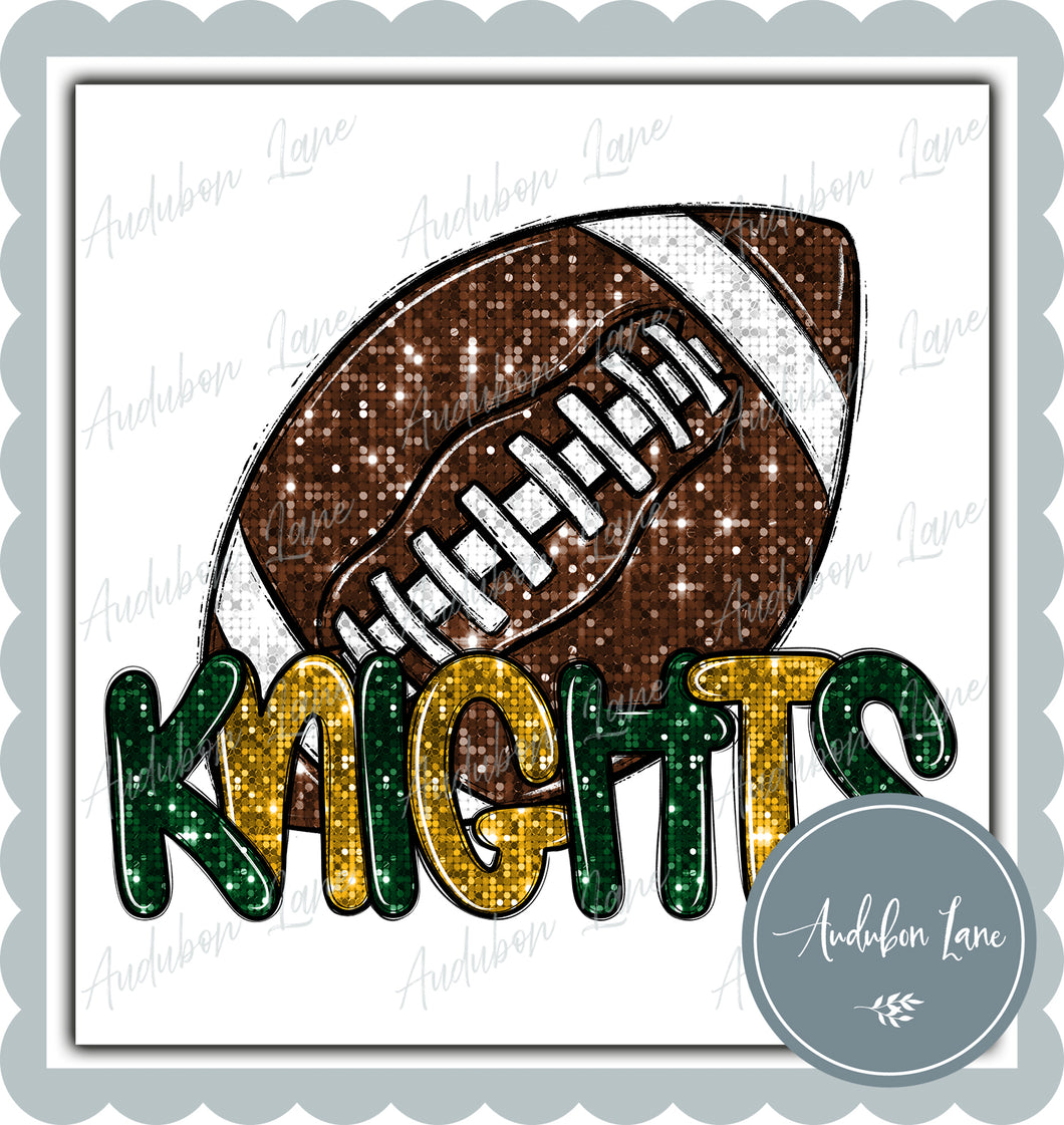 Knights Dk Green and Gold Faux Sequin Football with Mascot Print Ready To Press DTF Transfer Custom Colors Available On Request