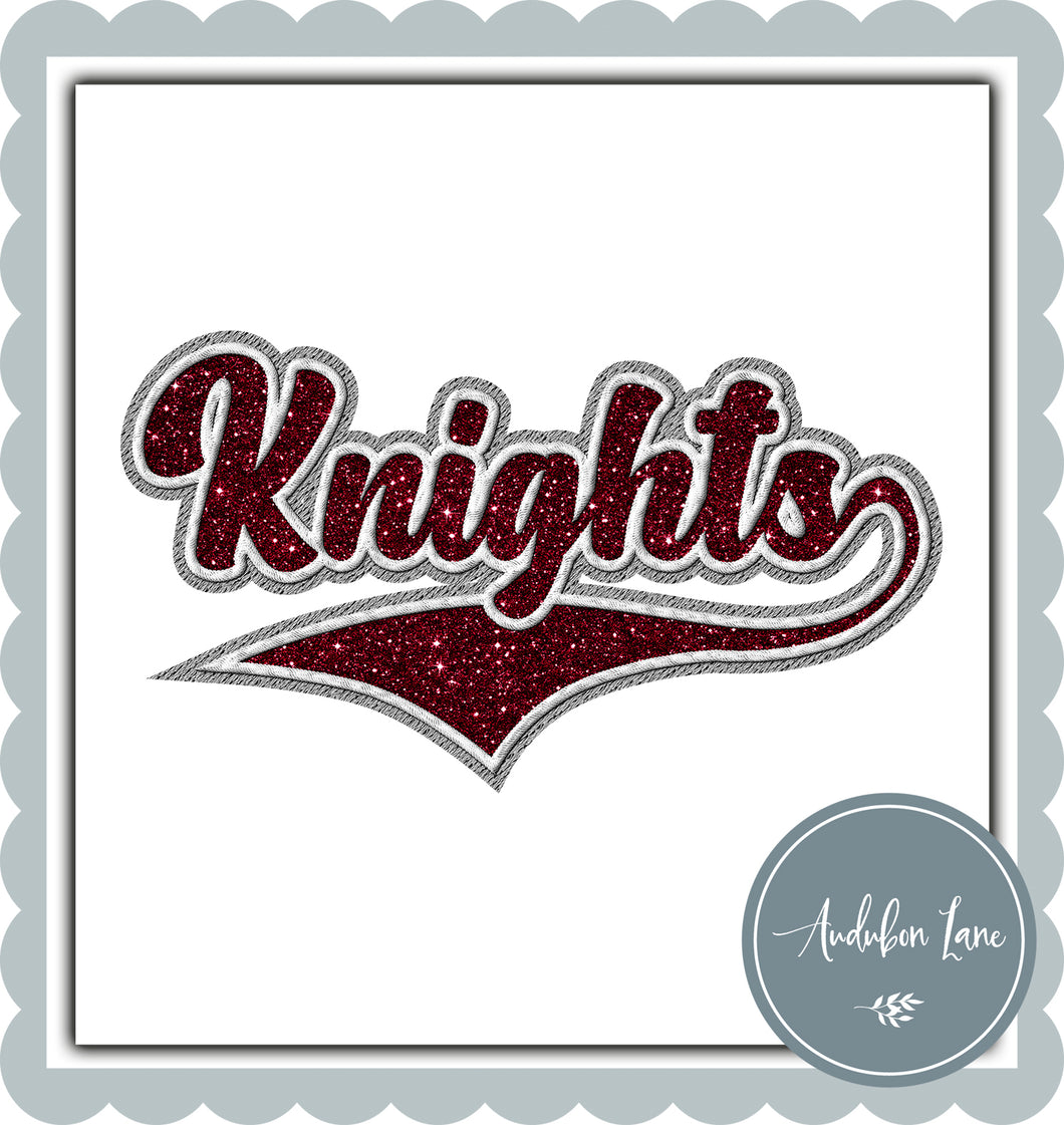 Knights Faux Maroon Glitter and White and Grey Embroidery