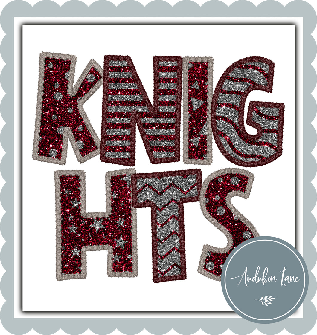 Knights Stacked Faux Glitter and Embroidery Maroon and Silver