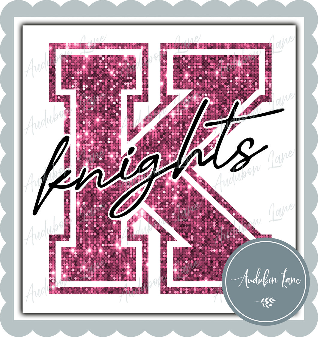 Knights Breast Cancer Awareness Faux Pink Sequin Mascot Letter Ready to Press DTF Transfer Customs Available On Request