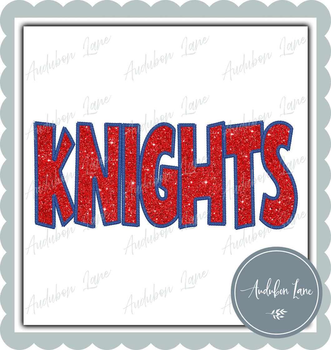 Knights Straight Across Faux Red Glitter and Royal Blue Embroidery Ready To Press DTF Transfer Custom Colors Available On Request