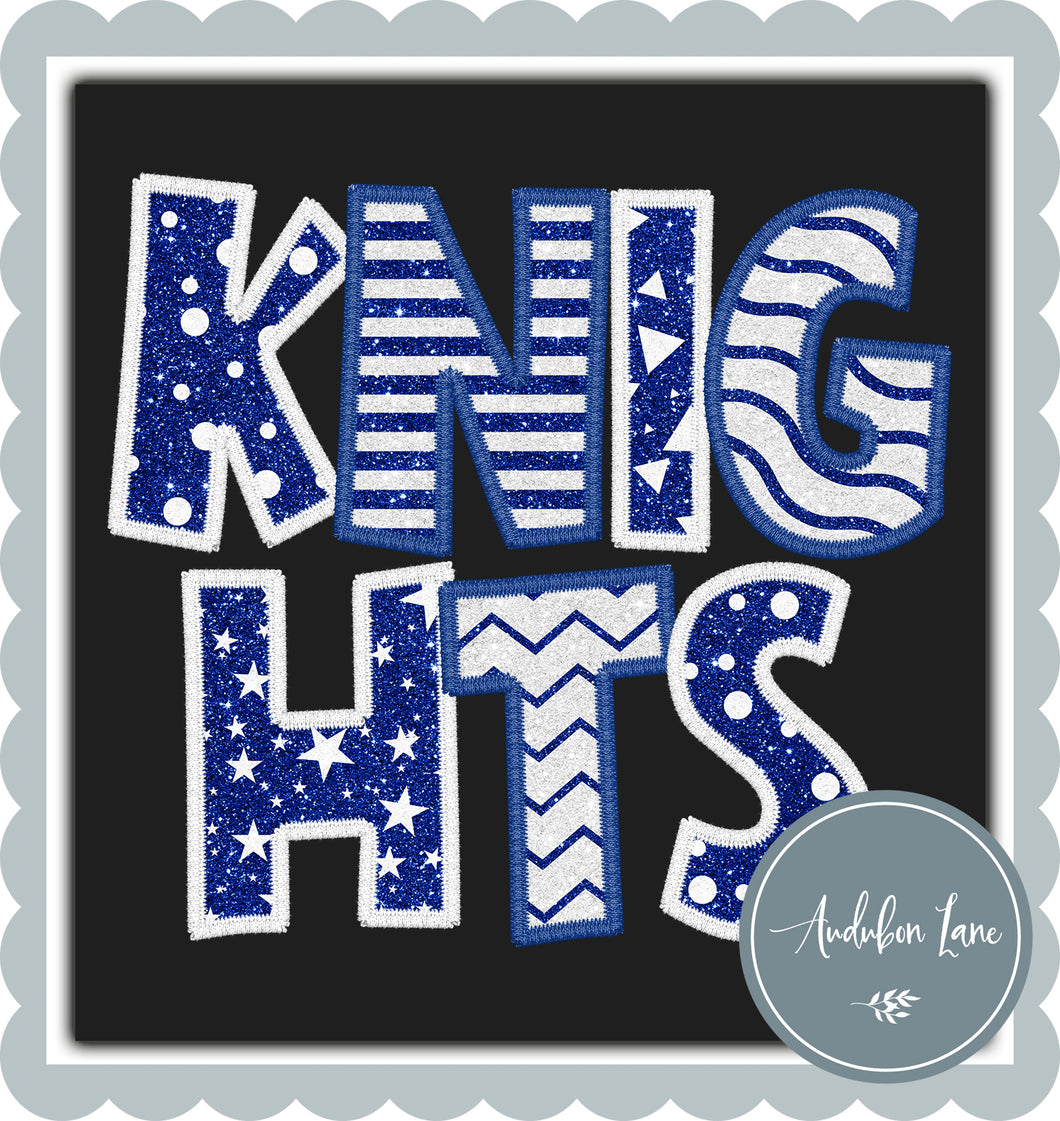 Knights Stacked Faux Glitter and Embroidery Royal Blue and White