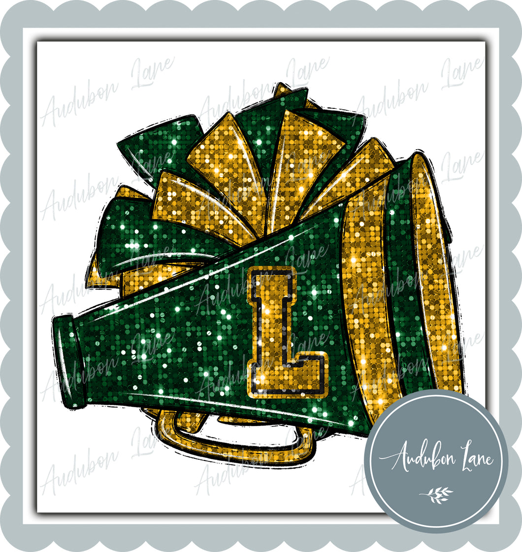 L Dk Green and Gold Faux Sequin Megaphone and Pom with Mascot Print Ready To Press DTF Transfer Custom Colors Available On Request