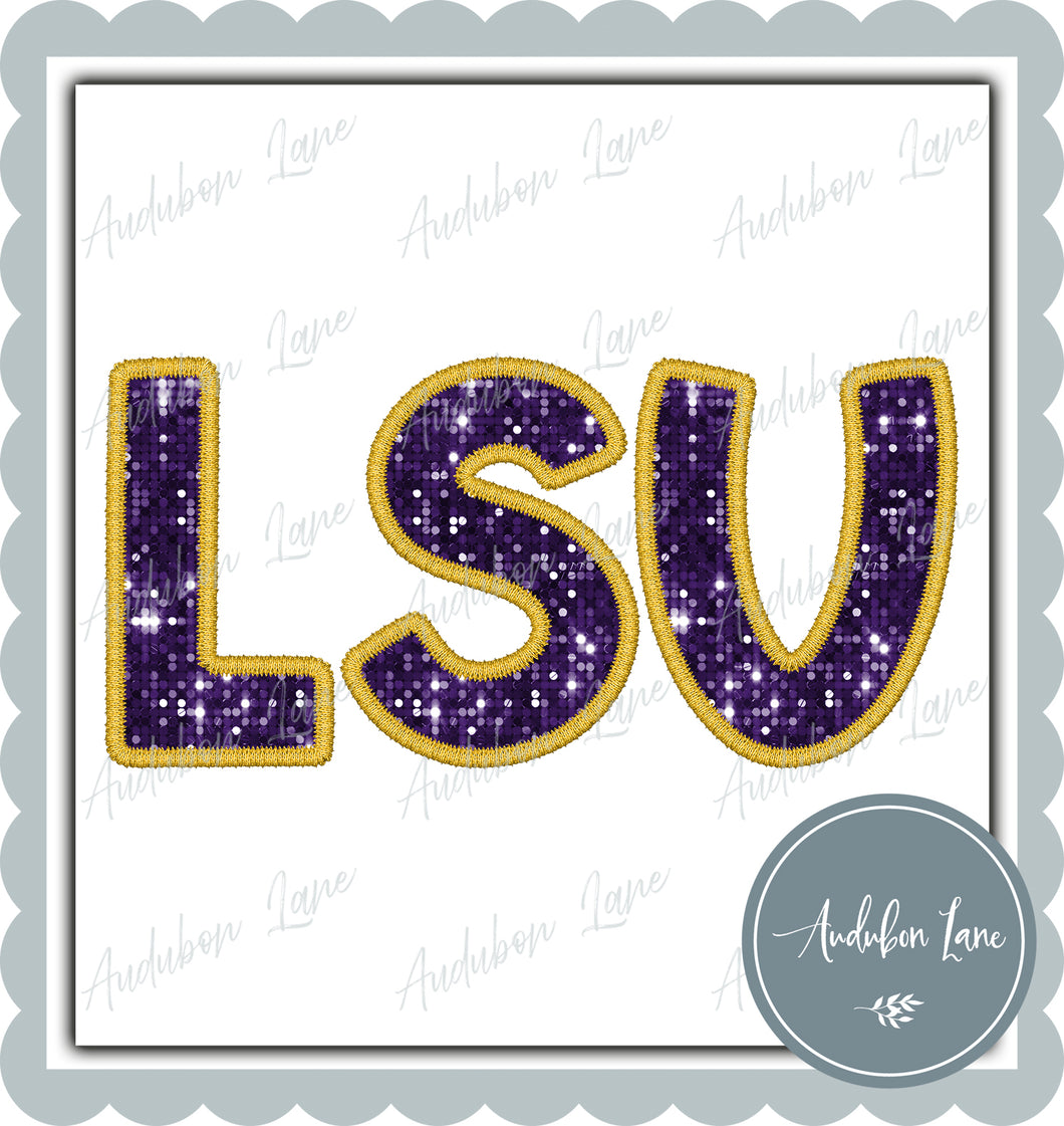 L S U Straight Across Faux Purple Sequin and Yellow Embroidery Ready To Press DTF Transfer Custom Colors Available On Request