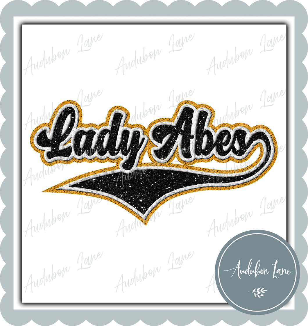 Lady Abes Faux Embroidery Patch Faux Black Glitter and White and Yellow Gold Ready To Press DTF Transfer Custom Colors Available On Request