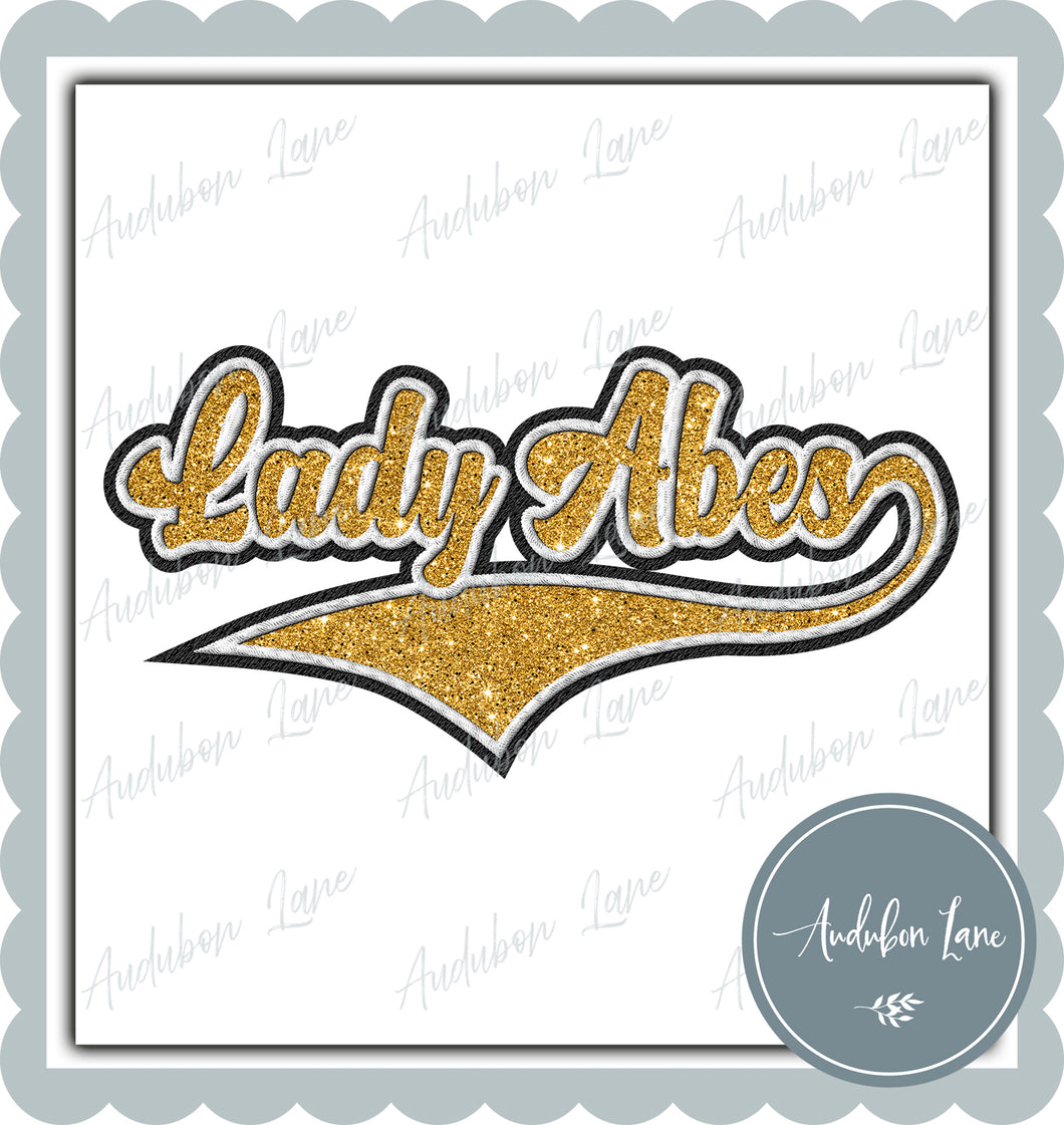 Lady Abes Faux Embroidery Patch Faux Yellow Gold Glitter and White and Black Ready To Press DTF Transfer Custom Colors Available On Request