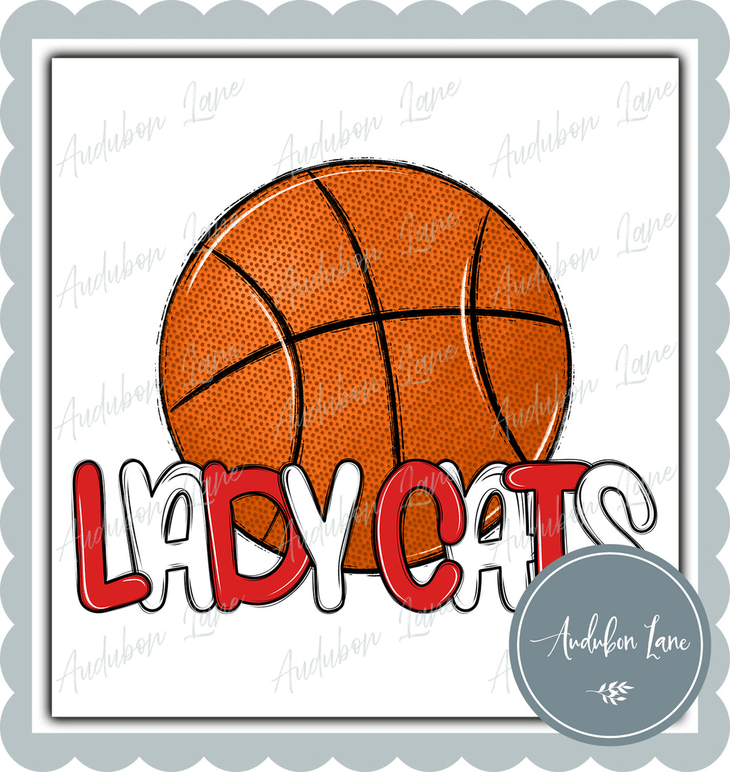 Lady Cats Red and White Basketball with Mascot Print Ready To Press DTF Transfer Custom Colors Available On Request