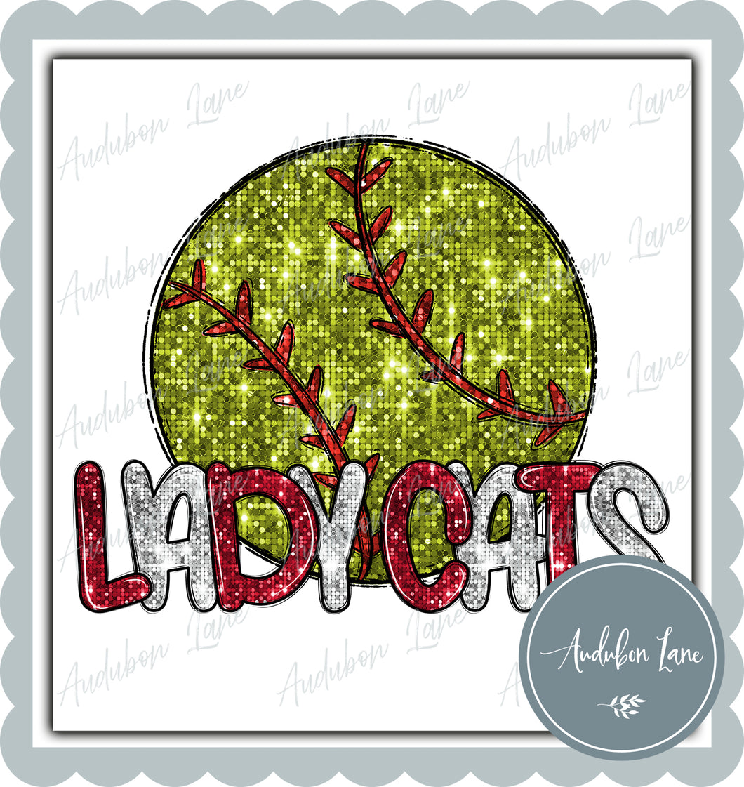 Lady Cats White and Red Faux Sequin Softball with Mascot Print Ready To Press DTF Transfer Custom Colors Available On Request