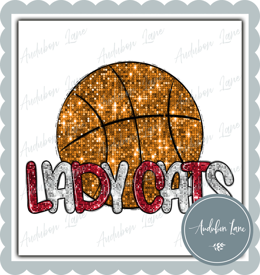 Lady Cats Red and White Faux Sequin Basketball with Mascot Print Ready To Press DTF Transfer Custom Colors Available On Request