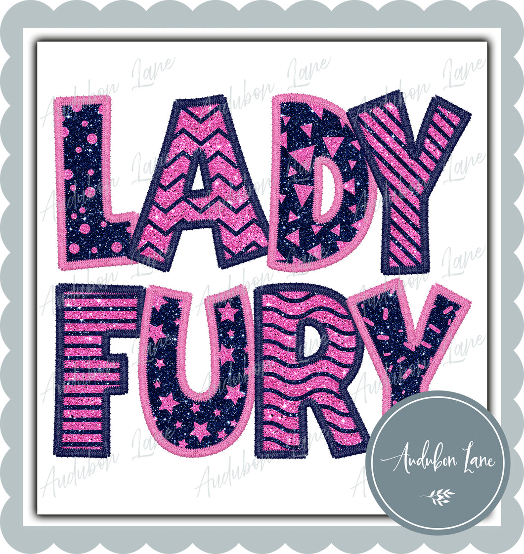 Lady Fury Stacked Faux Glitter and Embroidery Navy and Bubblegum Shapes Ready To Press DTF Transfer Custom Colors Available On Request