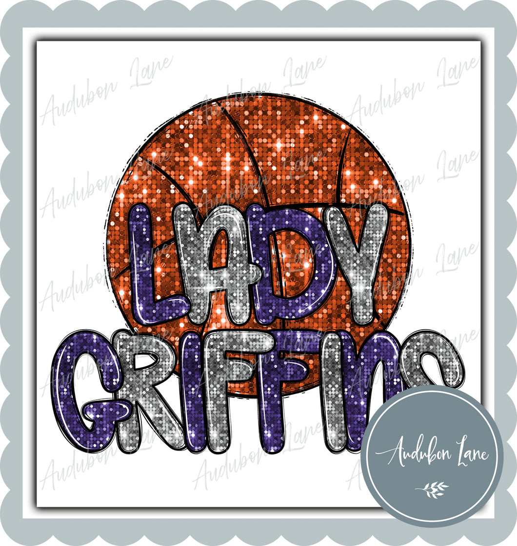 Lady Griffins Purple and Silver Faux Sequin Basketball with Mascot Print Ready To Press DTF Transfer Custom Colors Available On Request