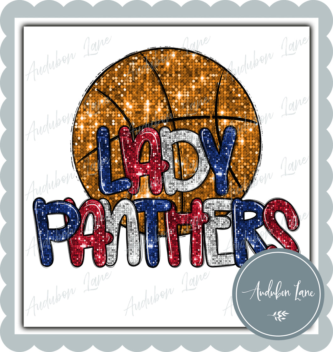 Lady Panthers Blue and Red and White Faux Sequin Basketball with Mascot Print Ready To Press DTF Transfer Custom Colors Available On Request