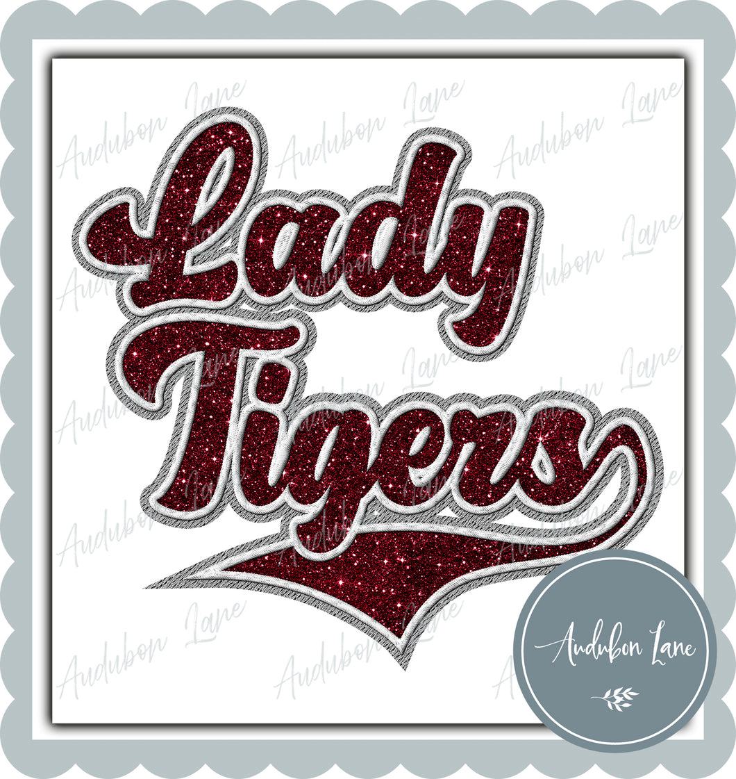 Lady Tigers Full Faux Embroidery Faux Glitter Maroon and White and Grey Ready To Press DTF Transfer