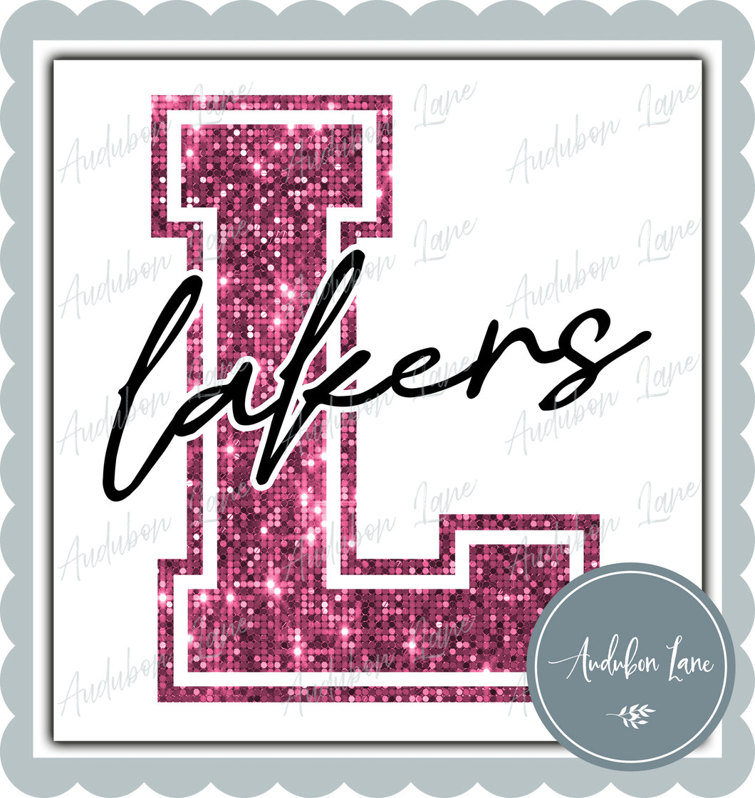 Lakers Breast Cancer Awareness Faux Pink Sequin Mascot Letter Ready to Press DTF Transfer Customs Available On Request