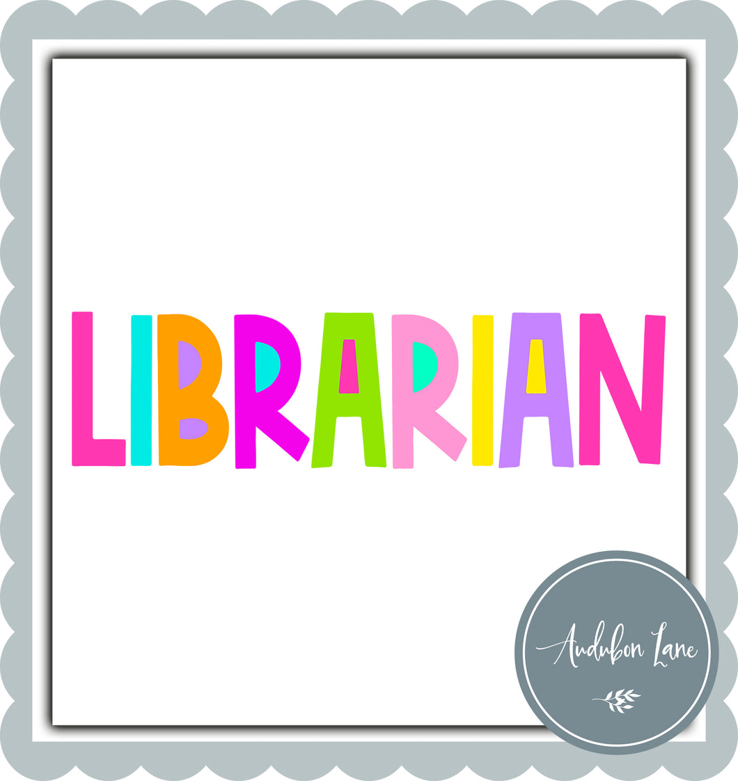 Librarian Bright Block Letters Ready to Press DTF Transfer Custom Names Available On Request