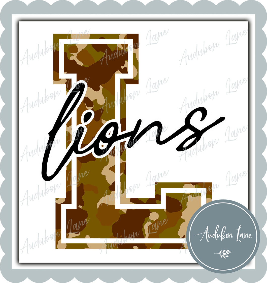 Lions Old School Camo Mascot Letter Ready to Press DTF Transfer Customs Available On Request