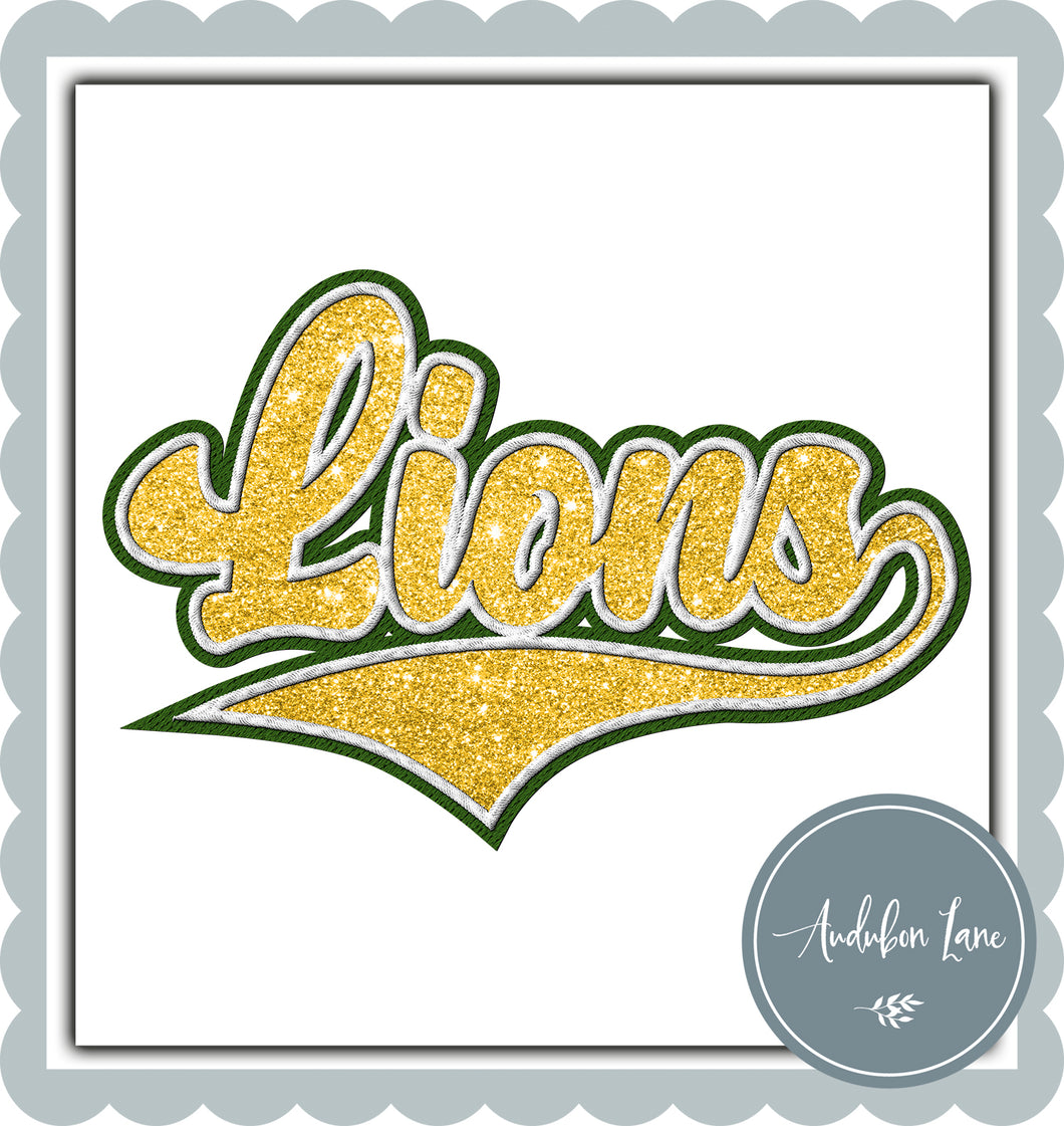 Lions Faux Green and White Embroidery and Faux Gold Glitter