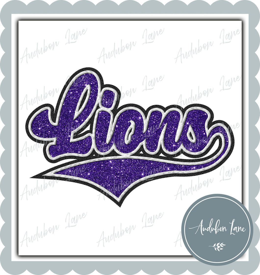 Lions Faux Embroidery Patch Faux Purple Glitter and White and Black Ready To Press DTF Transfer Custom Colors Available On Request