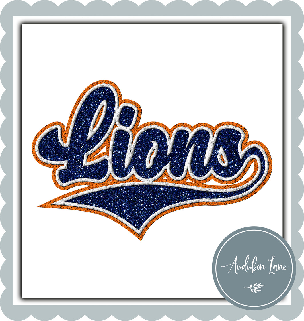 Lions Faux Navy Glitter and White and Orange Embroidery