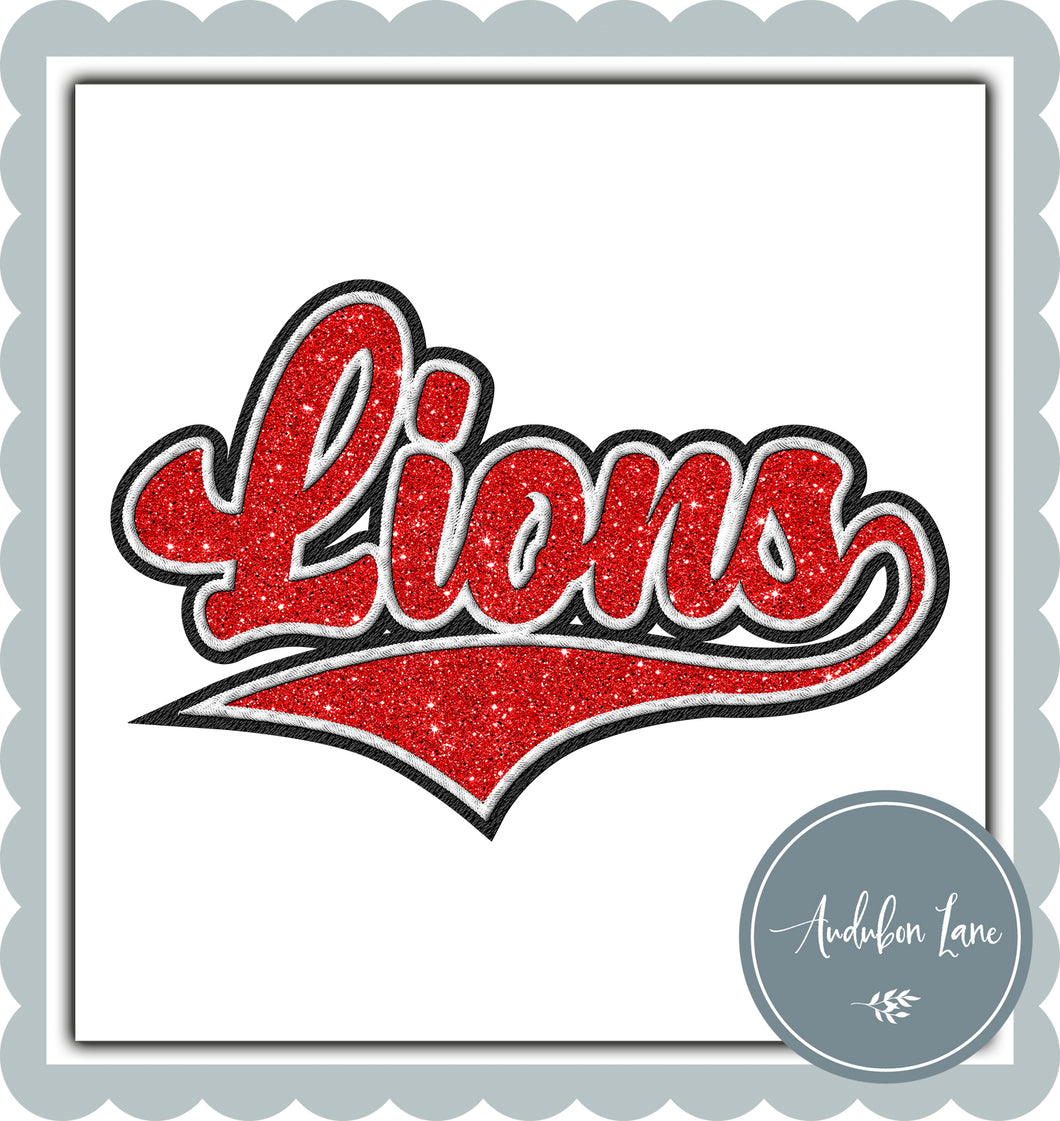 Lions Faux Red Glitter and White and Black Embroidery
