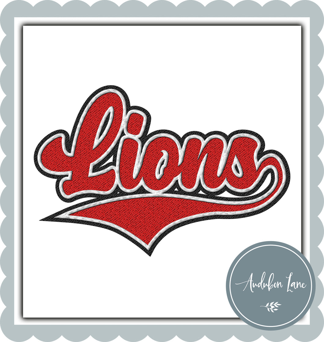 Lions Faux Red and White and Black Embroidery