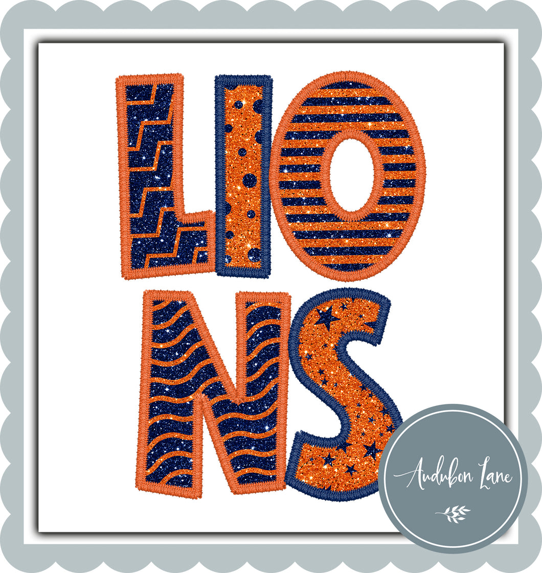 Lions Stacked Faux Glitter and Embroidery Orange and Navy