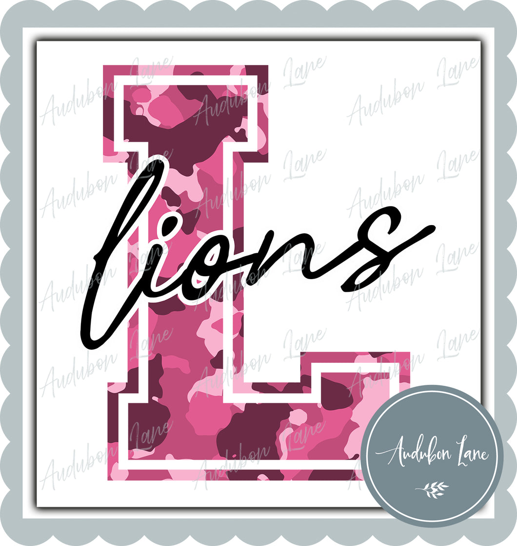 Lions Breast Cancer Awareness Pink Camo Mascot Letter Ready to Press DTF Transfer Customs Available On Request